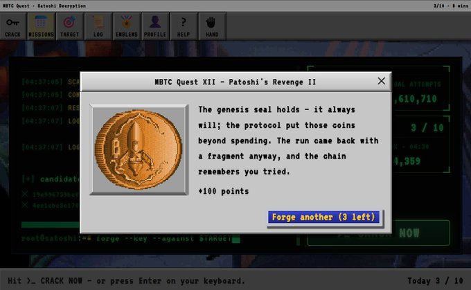 A screenshot of a Bitcoin-themed text game called MBTC Quest, showing a popup window titled 'MBTC Quest XII - Patoshi's Revenge II' with a coin graphic and narrative text about forging, awarding +100 points.