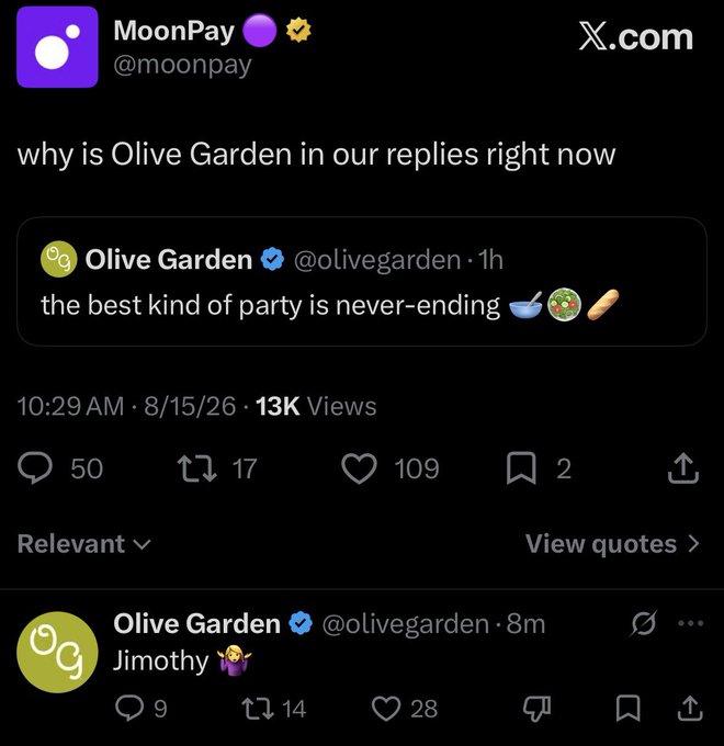 A screenshot of MoonPay's (@moonpay) X post asking "why is Olive Garden in our replies right now," quoting an Olive Garden tweet that reads "the best kind of party is never-ending" with bowl, salad, and breadstick emojis. The playful caption ties into the reference, joking that the "never-ending" Olive Garden party resembles a nonstop $jimothy celebration.