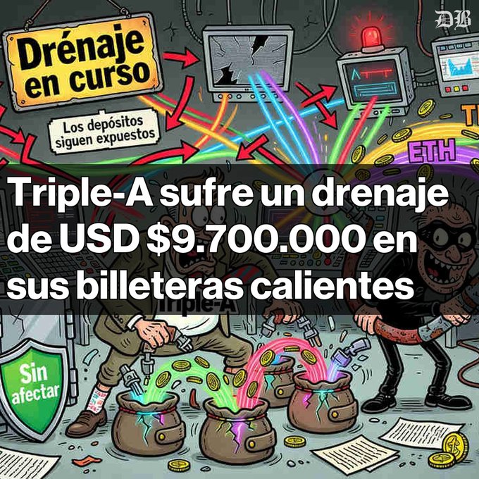 A Spanish-language news graphic about cryptocurrency, with the headline 'Triple-A sufre un drenaje de USD $9.700.000 en sus billeteras calientes' over an illustration of characters draining coins from money bags.