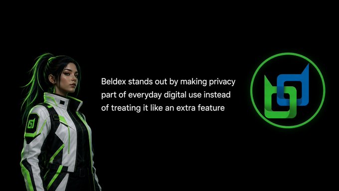 A promotional image for Beldex featuring a woman in a futuristic green and white outfit next to text reading 'Beldex stands out by making privacy part of everyday digital use instead of treating it like an extra feature.'