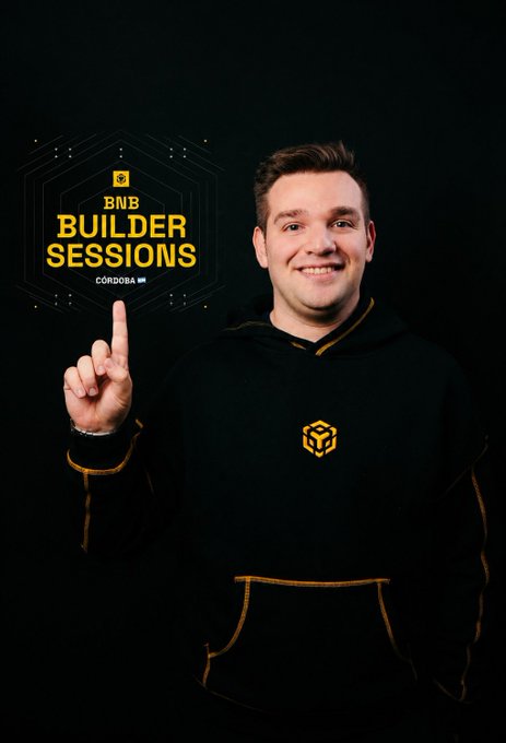 A promotional image featuring a smiling man in a black hoodie pointing upward to the 'BNB BUILDER SESSIONS CÓRDOBA' logo.