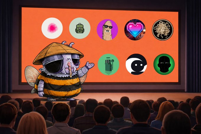 A cartoon bee character dressed as a samurai with an eyepiece standing on a stage in front of an audience, presenting a screen showing various circular icons.