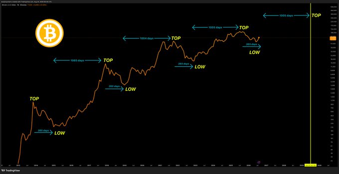 A TradingView Bitcoin price chart annotated with cyan arrows indicating historical patterns, showing 'TOP' and 'LOW' points separated by approximately 1065 and 1064 days, with each subsequent low approximately 285 days after the top.