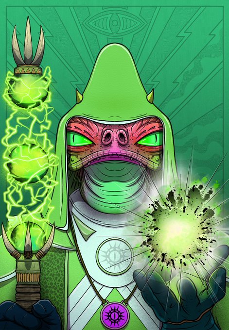 A digital illustration of a green-hooded, masked figure with glowing green eyes, holding a lightning-wreathed staff in one hand while conjuring a burst of green energy in the other.