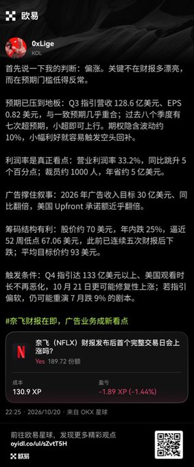 A Chinese OKX market post profiles “OxLige” (KOL) discussing Netflix’s Q3 earnings: revenue of $12.86B, EPS of $0.82, a 33.2% operating margin, layoffs, guidance, and a potential 2026 ad-revenue target of $3B. It also highlights Netflix (NFLX) at $189.72, down 1.44%, tying the earnings commentary to OKX’s US-stock prediction and xStocks promotion.
