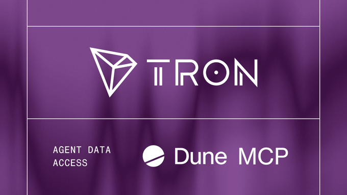 The image features a purple background with white text that reads "TRON Agent Data Accessibility is becoming one of the most important pillars of blockchain adoption TRON processes more stablecoin value than any other blockchain network, powering billions of dollars in daily economic activity across the globe With tools like Dune MCP, users can now". The image also includes a logo for a company named "Dune MCP" and another company named "TRON".