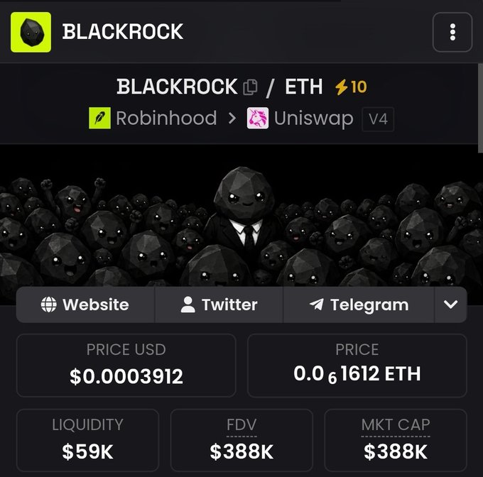 The image shows a cryptocurrency token page for "BLACKROCK" paired with ETH, displaying a price of $0.0003912 USD (0.0000001612 ETH), liquidity of $59K, FDV of $388K, and market cap of $388K, with the token listed on Uniswap V4 via Robinhood. The page features a mascot of a cute black rock in a suit surrounded by a crowd of similar rock characters, visually reinforcing the meme concept referenced in the post about $BLACKROCK's strong memeability.