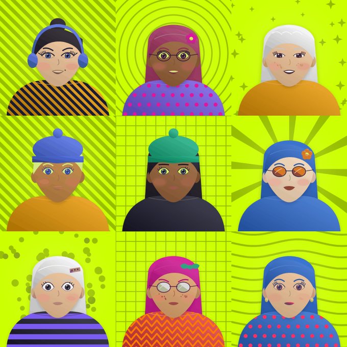 A 3x3 grid showcasing nine colorful, illustrated female characters with diverse hairstyles, headwear, and accessories against bright lime green patterned backgrounds, representing the "5,555 Robin Baddies" NFT collection being launched on Robinhood.