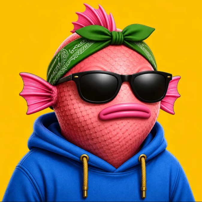 A 3D rendered pink pufferfish character wearing a green bandana, black sunglasses, and a blue hoodie against a yellow background