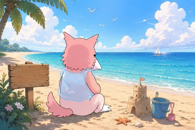 An anime-style illustration of a pink dog-like character wearing a white dress, sitting on a sandy beach next to a sandcastle and a blue bucket, gazing out at the turquoise ocean.