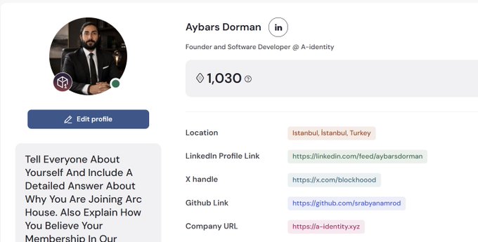 A LinkedIn profile preview for Aybars Dorman, Founder and Software Developer at A-identity, showing 1,030 followers, location in Istanbul, Turkey, with links to LinkedIn, X (@blockhood), GitHub (/srabyanarmod), and company URL a-identity.xyz.
