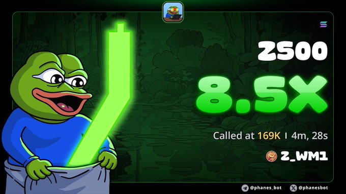 A promotional graphic featuring a cartoon Pepe the Frog holding a glowing green sword, advertising a 2500 deposit at 8.5X, called at 169K in 4m 28s, with the user 'Z_WM1' and handles '@phanes.bot'.