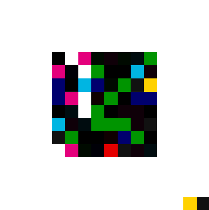 An abstract digital graphic displays a cluster of brightly colored squares (pink, green, blue, yellow, red, white, black) arranged in a pixelated, irregular shape on a white background.