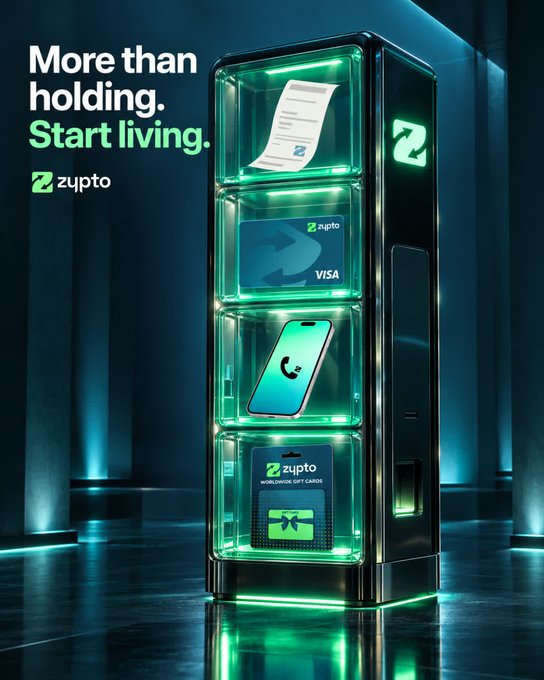 The image shows a futuristic, neon-lit vending machine-style display branded "Zypto" featuring sections for a Visa card, a smartphone, and a "Worldwide Gift Cards" option, alongside the tagline "More than holding. Start living." This visually reinforces the message of making crypto actively usable for everyday transactions like bill payments, shopping, and phone top-ups rather than letting it sit idle.
