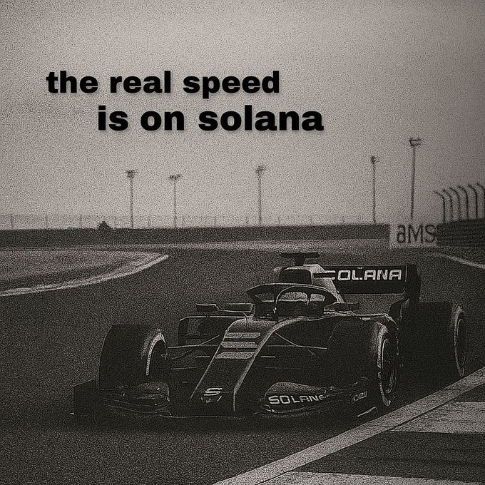 A black-and-white image of a Solana-branded Formula 1 race car speeding around a track, overlaid with the text "the real speed is on solana," reinforcing the post's message that Solana is cheaper, faster, and bigger.