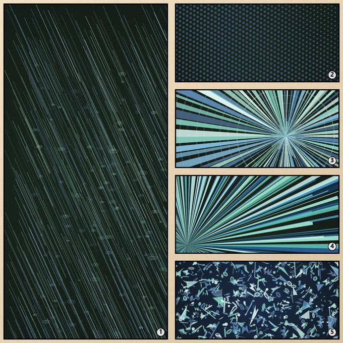 A comic book style page divided into five numbered panels showcasing various blue and green abstract patterns, including diagonal lines, halftone dots, starbursts, and shattered glass.