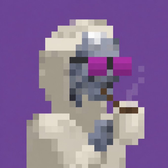 Pixel art image of a skeleton figure wearing sunglasses with pink/magenta lenses, smoking a cigarette, set against a purple background.