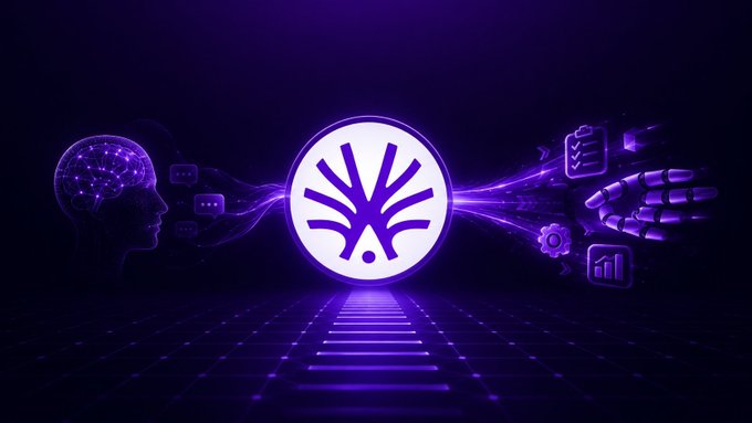 A glowing purple emblem with radiating lines sits between a stylized human head and a robotic hand, connected by light streaks on a dark grid background.