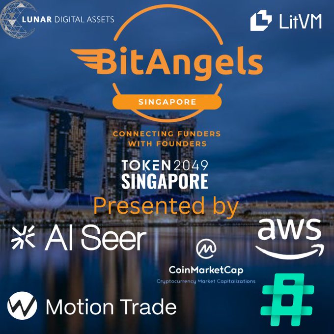 Promotional graphic for 'BitAngels Singapore' at TOKEN2049, featuring logos for sponsors Lunar Digital Assets, LitVM, AWS, CoinMarketCap, Motion Trade, and Al Seer against a Singapore skyline backdrop.