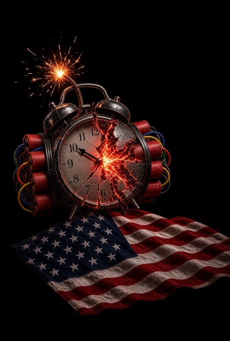 A cracked analog alarm clock with red dynamite sticks and a burning fuse explodes above a tattered American flag, illustrating the post's warning that U.S. debt and bond-market panic are fueling Bitcoin's rise as a hard-money alternative to a "ticking time bomb" fiscal system.