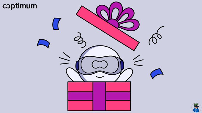A cartoon illustration shows a round character wearing a VR headset popping out of a pink gift box with confetti flying, with the text 'optimum' in the corner.