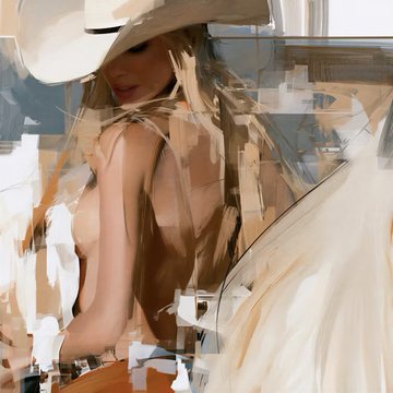 An abstract oil painting featuring a woman wearing a large white hat, rendered with loose, expressive brushstrokes in warm earthy tones of beige, brown, and white.