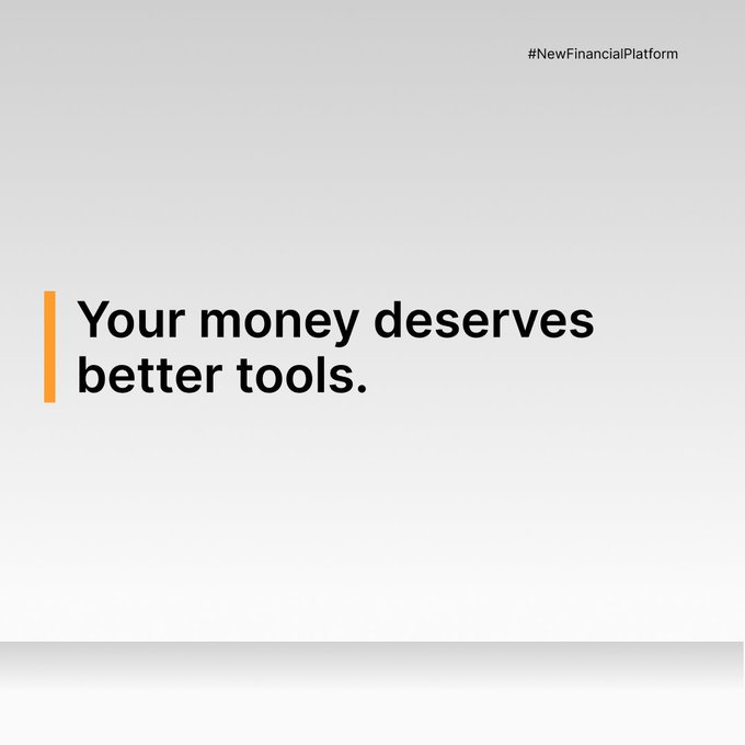 The image features a minimalist design with the hashtag "#NewFinancialPlatform" in the top right corner and a bold tagline reading "Your money deserves better tools." accented by an orange vertical line. It aligns with the post's message by visually introducing Bybit as a modern, all-in-one financial platform for trading, investing, and managing multiple markets.