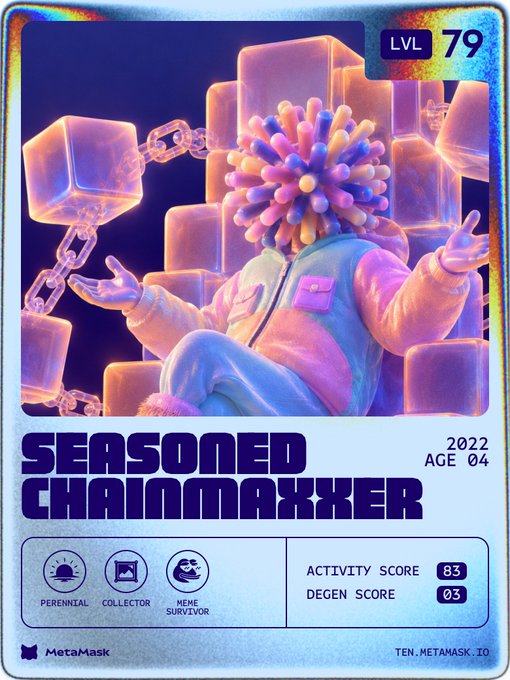 A digital NFT-style trading card titled 'SEASONED CHAINMAXXER' featuring a spiky-haired character with chains, labeled Level 79, Age 04, with MetaMask branding.