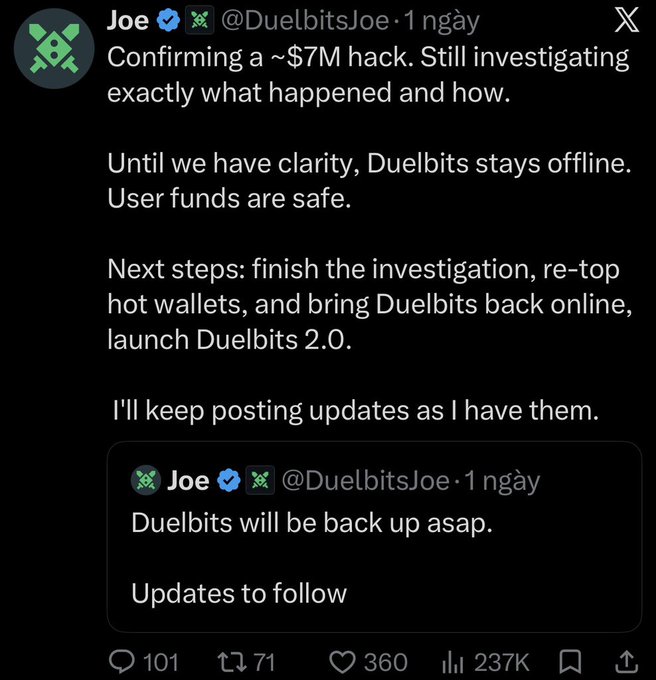 A tweet from Joe (@DuelbitsJoe) confirming a ~$7M hack on Duelbits, with the platform taken offline while user funds remain safe and an investigation is underway ahead of a planned relaunch as Duelbits 2.0.