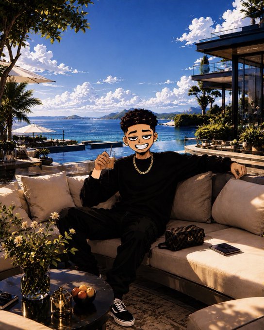 An illustrated character lounges on a luxurious outdoor sofa at a seaside villa, holding a drink with a designer bag and phone beside him, embodying the relaxed, aspirational lifestyle vibe of the "GM, Web3!" greeting wishing followers a beautiful, opportunity-filled day.