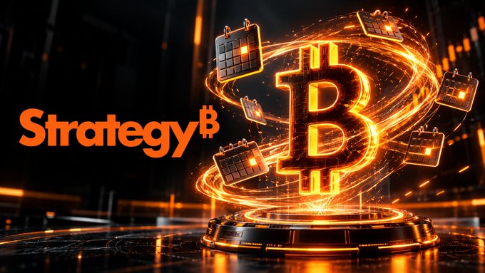 A glowing Bitcoin "B" symbol surrounded by orbiting calendar icons and orange energy swirls dominates the center, with the "Strategy" logo and ticker visible on the left, visually reinforcing the post's news about Strategy proposing daily dividends across its preferred securities ($STRF, $STRC, $STRK, and $STRD).