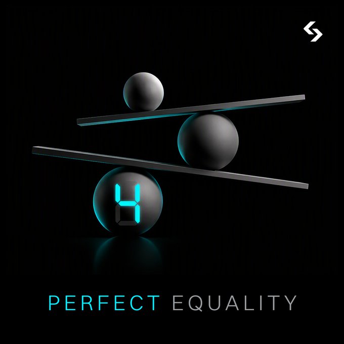 A digital graphic features dark spheres balanced on metallic bars against a black background, with the number '4' glowing in cyan on the bottom sphere and the text 'PERFECT EQUALITY' displayed below.