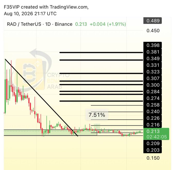 A TradingView 1-day candlestick chart of RAD/TetherUS on Binance shows the token trading at 0.213 USDT (+1.91%) with a descending trendline break and a horizontal Fibonacci/golden ratio retracement grid projecting resistance levels from 0.240 up to 0.398, supporting the #RAD $rad bullish breakout thesis.