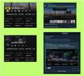 Four small thumbnail images with dark backgrounds and green accents appear to show screenshots from a digital interface or application.