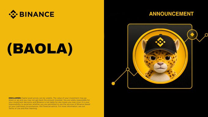 A Binance announcement graphic in yellow and black featuring a leopard mascot in a Binance cap, with the ticker '(BAOLA)' displayed prominently.