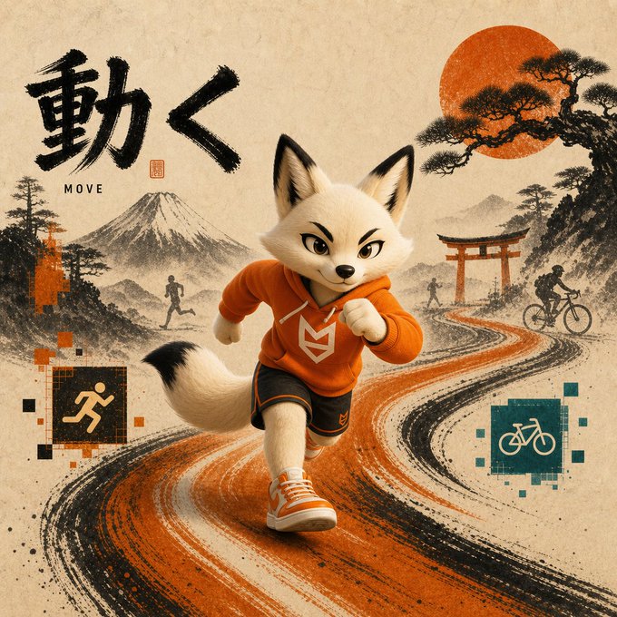 An illustration of a white fox character wearing an orange hoodie and black shorts running along a path, set against a Japanese-style landscape with Mount Fuji, a torii gate, a bonsai tree, and a red sun, with the text '動く MOVE' and pixel art icons of a runner and cyclist.