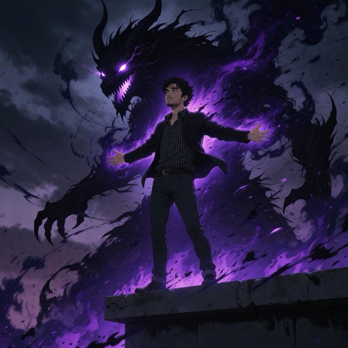 The image features a man standing next to a large, dark figure with glowing red eyes that appears to be a monster or a demon. The man is dressed in black clothing and has his arms outstretched towards the monster. The background of the image shows a sky filled with purple smoke, which adds to the ominous atmosphere surrounding the scene.

The post also mentions that there are "chains" in the image, but it's unclear what they refer to. Additionally, there is a reference to a website called @quipnetwork wrapping your ETH, SOL & BTC wallets with post-quantum encryption zero migration needed. This implies that the man might be discussing or showing off some sort of digital currency or cryptocurrency related content in the image.