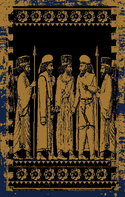 A golden and blue stylized illustration depicting a group of figures in ancient Persian or Babylonian attire, standing beneath a decorative architectural archway.