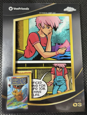 A VeeFriends Authentic Comic Cut trading card featuring a pink-haired character holding a pink object, labeled as "ISSUE 03" and marked with "PC" (Personal Card) in the bottom corner, displayed alongside a small VeeFriends bear card on a black background, likely the prize from the trade mentioned in the post.
