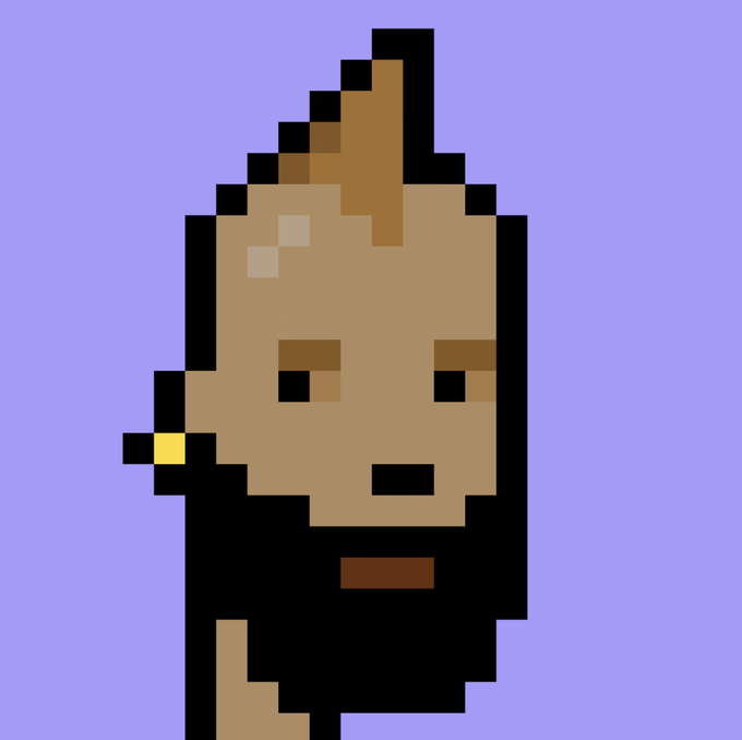 A pixel art character with a brown mohawk, full beard, and small gold earring stands against a light purple background, matching the CryptoPunk #7585 style referenced in the post about a new "Beard & Mohawk" punk acquisition.
