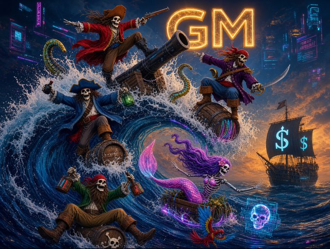 A vibrant fantasy illustration features multiple skeleton pirates on a stormy sea with cannons, treasure chests, a pirate ship with dollar sign sails, and a glowing "GM" neon sign, alongside a mermaid skeleton and a holographic skull.