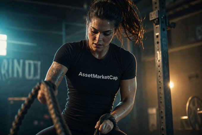 A determined woman intensely grips battle ropes during a grueling workout, her black shirt prominently displaying "AssetMarketCap." The image visually embodies the post's "proof of work" message, symbolizing the physical labor and dedication required as a Sunday rallying cry to the AMC community.