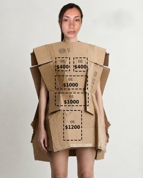 A model wears a cardboard dress with boxes labeled "$400," "$1000," and "$1200" corresponding to sponsorship tiers, visually representing the post's playful pitch to sell sponsorship spots on her body to fund her trip to Token2049 Singapore.