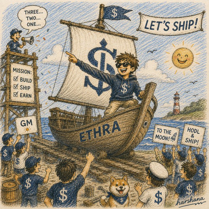 A colorful illustration of a boy launching a ship called 'ETHRA' adorned with a dollar sign sail, surrounded by a cheering crowd holding signs reading 'TO THE MOON!' and 'HODL & SHIP!', credited to 'harshana'.