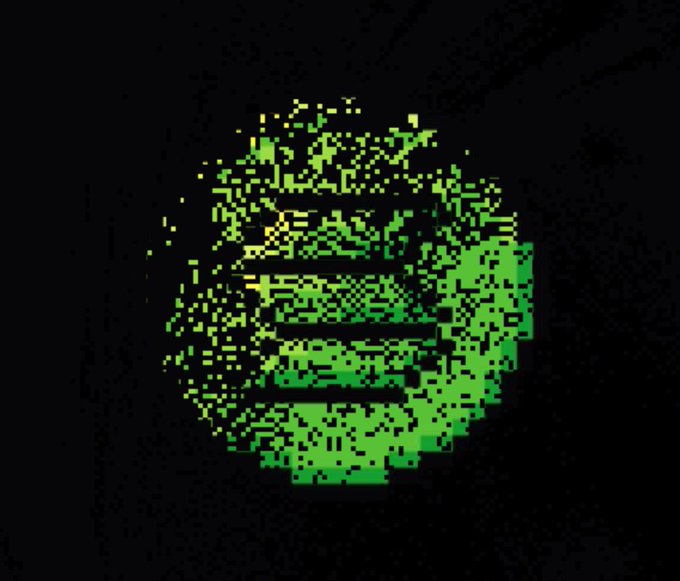 A pixelated green sphere resembling the Solana logo disintegrates into scattered particles on a dark background, visually symbolizing the process of gradually accumulating small pieces ("breadcrumbs") of Solana tokens to build a complete whole ("a loaf").