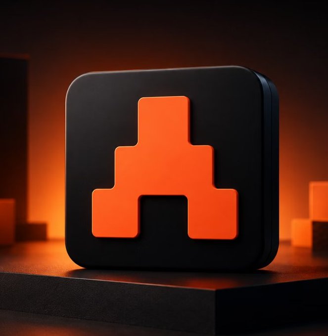 A 3D rendered black app icon featuring a glowing orange tiered cross or pyramid symbol, set against a warm orange-lit background.