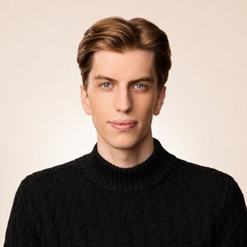 A headshot photograph of a young man with light brown hair wearing a dark gray knitted turtleneck sweater against a beige background.