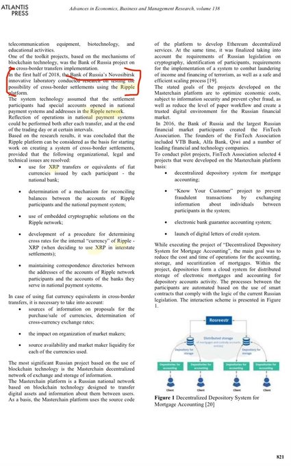 This is a page from the Atlantis Press "Advances in Economics, Business and Management Research" journal discussing the Bank of Russia's November 2018 plan to create a Ripple-based decentralized depositary system for mortgage accounting, featuring a flowchart (Figure 1) that illustrates how distributed storage and payment transactions flow between the Bank of Russia, notary banks, and participant banks in the proposed system.