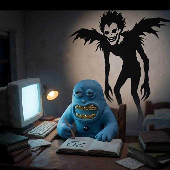 A 3D-rendered scene of a small blue monster-like creature with gold teeth writing '20' in a notebook at a desk with an old computer, while a large menacing shadowy figure with a grinning skull face looms menacingly in the background.