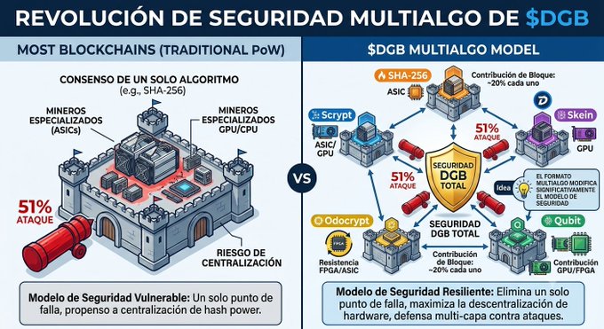 An infographic titled 'REVOLUCIÓN DE SEGURIDAD MULTIALGO DE $DGB' comparing traditional PoW blockchains' single-algorithm security model with the multialgo model that distributes block construction across SHA-256, Scrypt, Skein, Qubit, and Odocrypt algorithms.